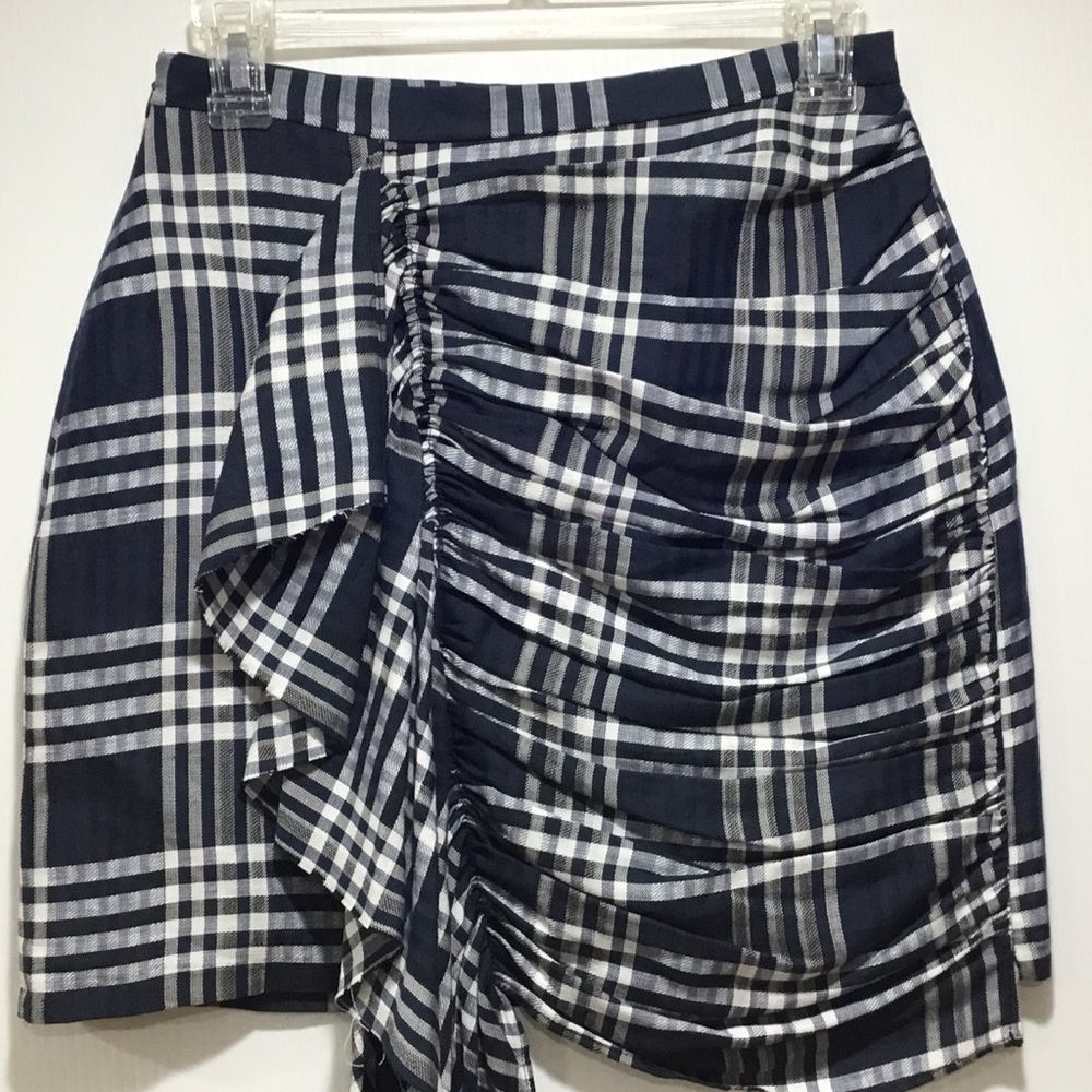 Zara Woman Short Navy Blue Linen Plaid Skirt